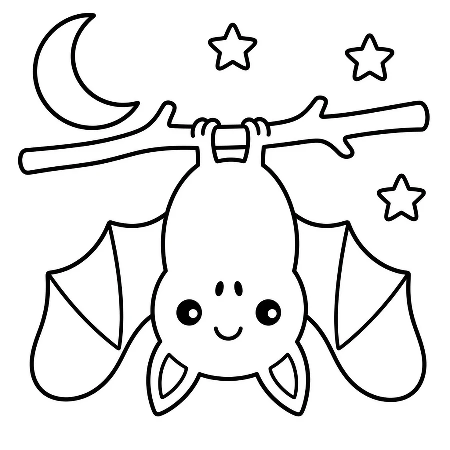 Friendly bat coloring page: Bat hangs upside down to watch the moon. Everything looks different from up there!