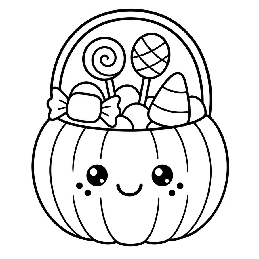 Pumpkin trick-or-treat bucket coloring page: The pumpkin bucket is full of treats. Which one will you pick first?