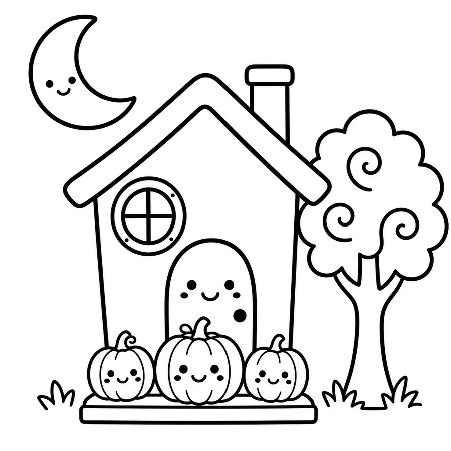 Cute haunted house coloring page: The little house has a smiling door and three friendly pumpkins on the step.