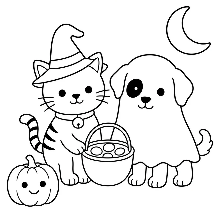Mochi and Biscuit trick-or-treat coloring page: Mochi is a witch tonight, and Biscuit is a ghost. They share one bucket.