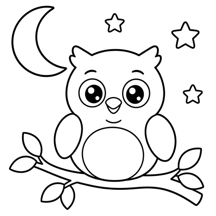 Owl and moon coloring page: Owl stays up late tonight. She counts the stars: one, two, three.