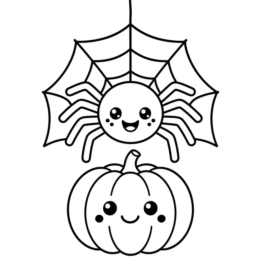 Friendly spider coloring page: Spider spins down on one thread to say hi to the pumpkin. Hello, Pumpkin!