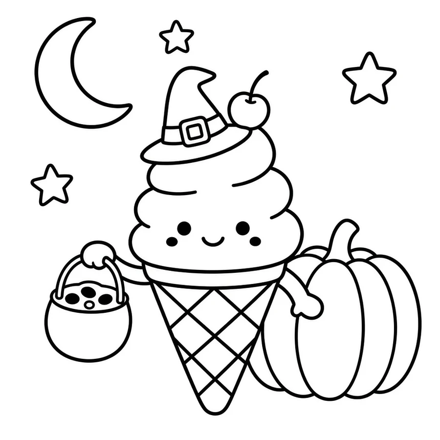 Swirl in a witch hat coloring page: Swirl put on a tiny witch hat. Swirl still has the cherry on top.
