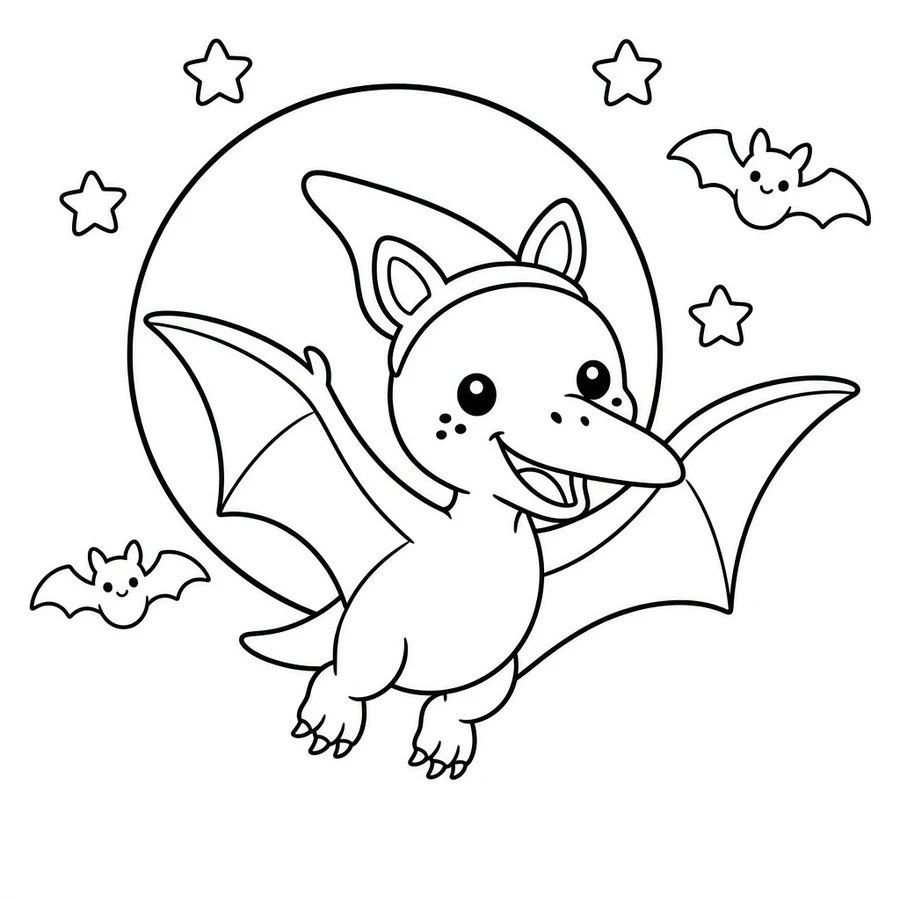 Terry flies past the moon coloring page: Terry flies past the big moon with bat ears on. Two real bats say hello.
