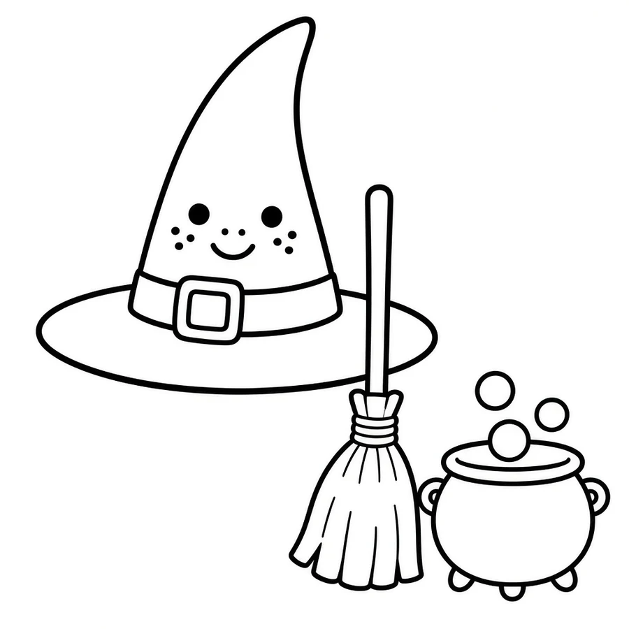 Witch hat, broom and cauldron coloring page: This hat is a little bit magic. The broom and the bubbly pot are ready, too.