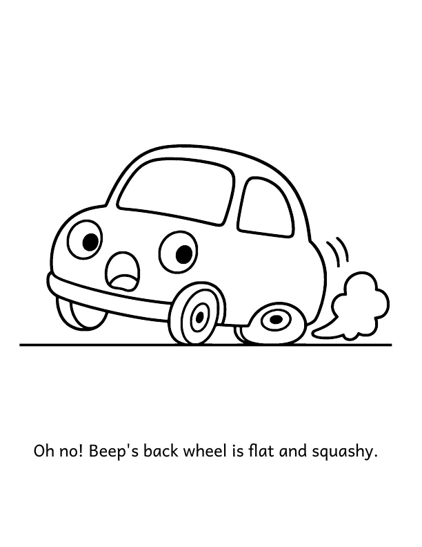 Picture 2 of Beep's Wobbly Wheel: Oh no! Beep's back wheel is flat and squashy.