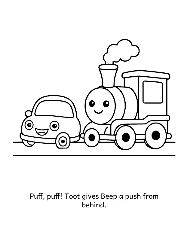 Picture 3 of Beep's Wobbly Wheel: Puff, puff! Toot gives Beep a push from behind.