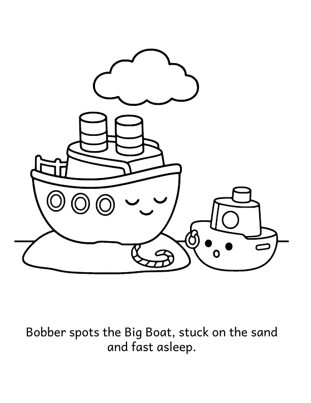 Picture 2 of Bobber's Big Tow: Bobber spots the Big Boat, stuck on the sand and fast asleep.