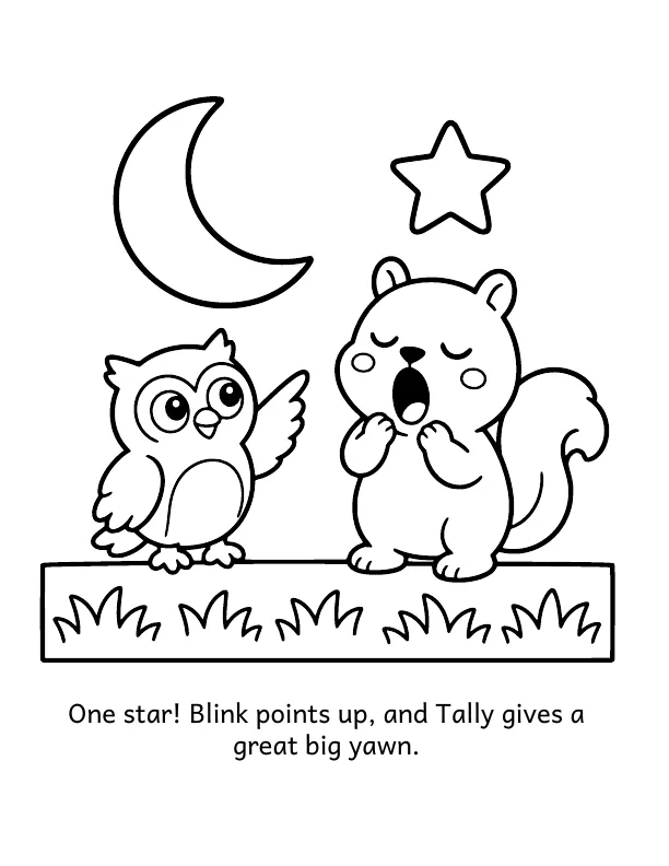 Picture 2 of Goodnight, Clearing: One star! Blink points up, and Tally gives a great big yawn.