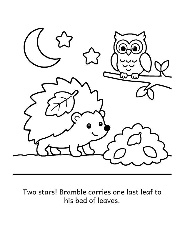 Picture 3 of Goodnight, Clearing: Two stars! Bramble carries one last leaf to his bed of leaves.