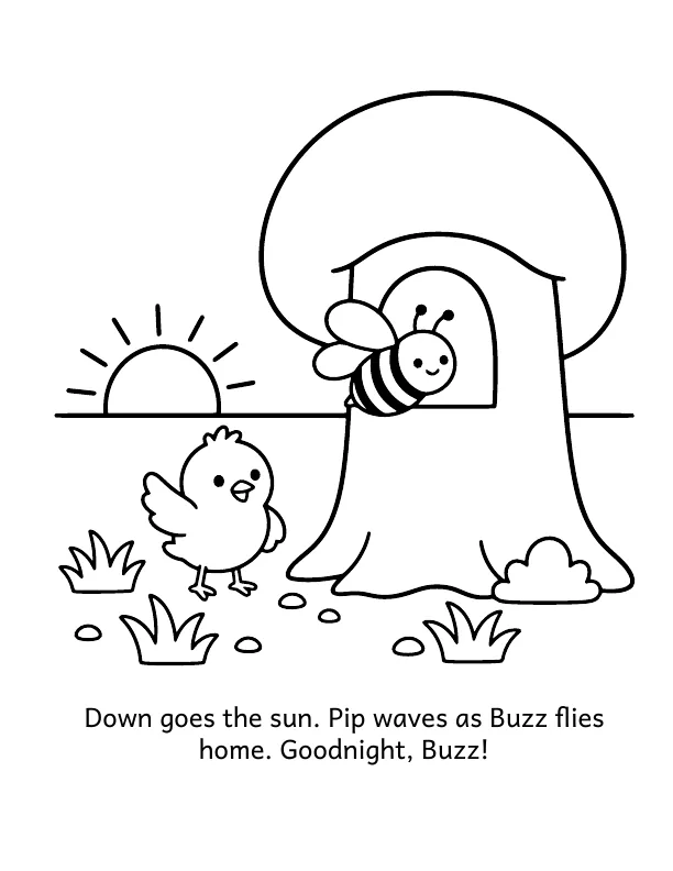 Picture 2 of Goodnight, Farm: Down goes the sun. Pip waves as Buzz flies home. Goodnight, Buzz!