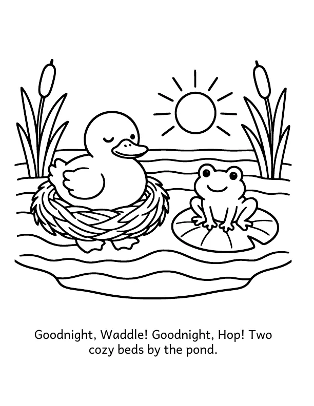 Picture 3 of Goodnight, Farm: Goodnight, Waddle! Goodnight, Hop! Two cozy beds by the pond.