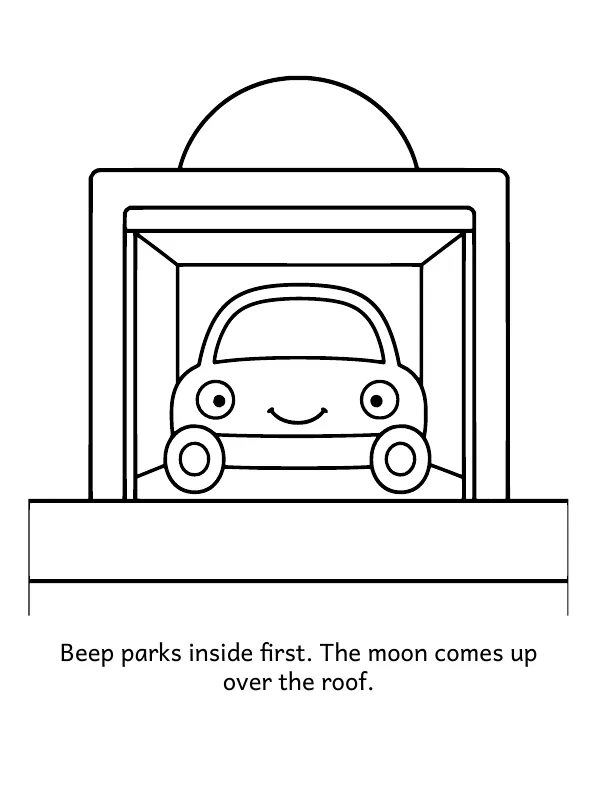 Picture 2 of Goodnight, Garage: Beep parks inside first. The moon comes up over the roof.