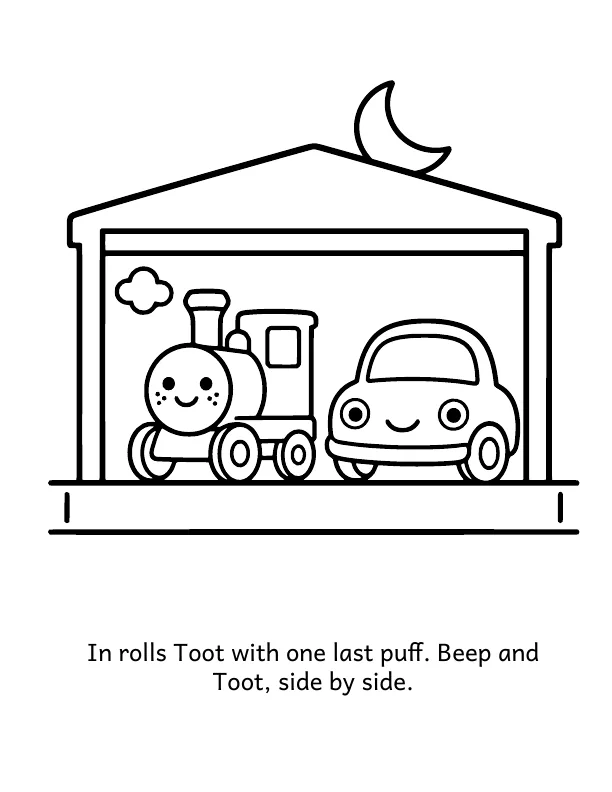 Picture 3 of Goodnight, Garage: In rolls Toot with one last puff. Beep and Toot, side by side.