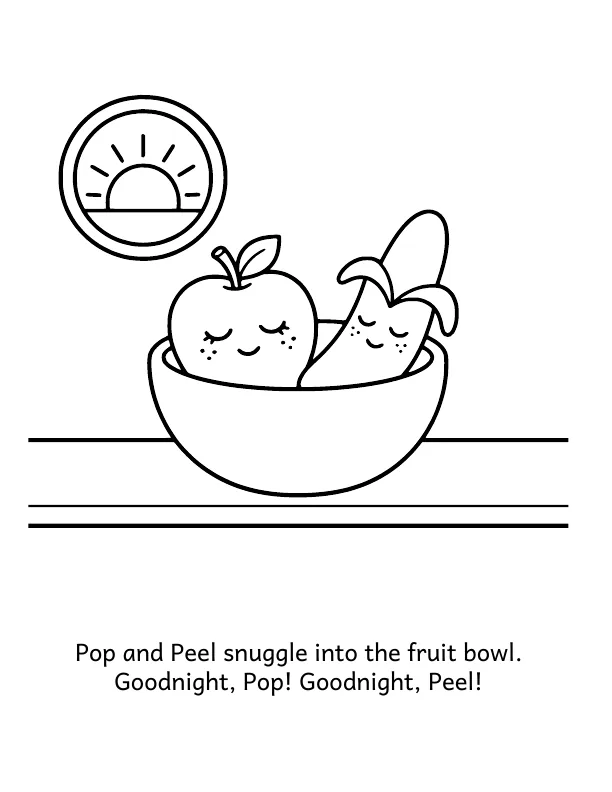 Picture 2 of Goodnight, Kitchen: Pop and Peel snuggle into the fruit bowl. Goodnight, Pop! Goodnight, Peel!