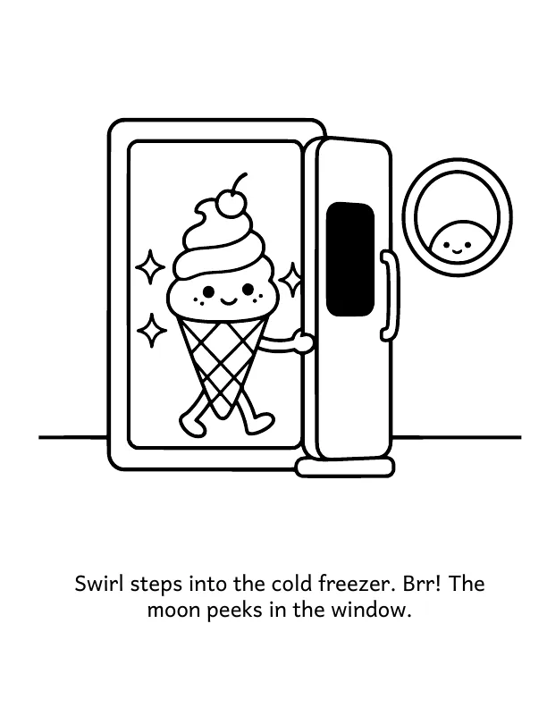 Picture 3 of Goodnight, Kitchen: Swirl steps into the cold freezer. Brr! The moon peeks in the window.