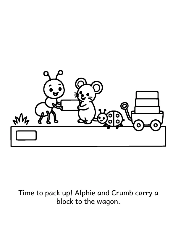 Picture 2 of Goodnight, Letter Lane: Time to pack up! Alphie and Crumb carry a block to the wagon.