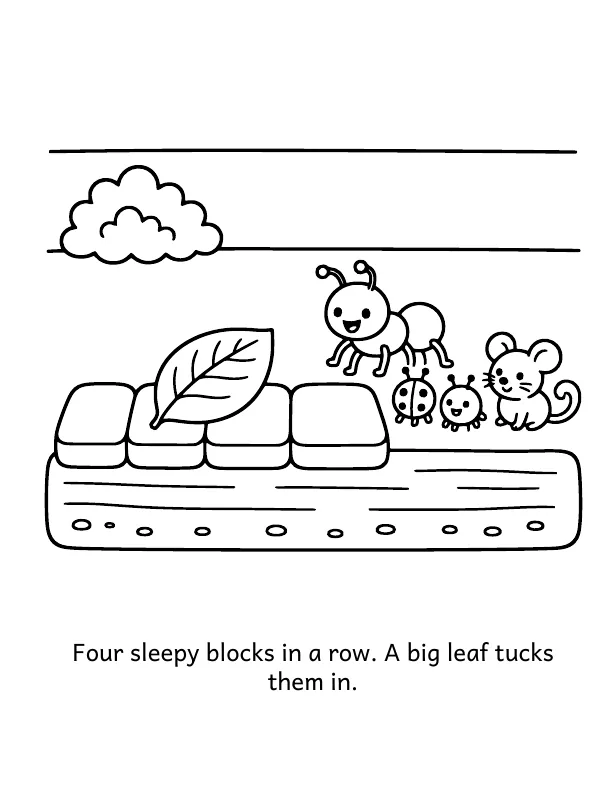 Picture 3 of Goodnight, Letter Lane: Four sleepy blocks in a row. A big leaf tucks them in.