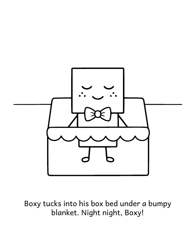 Picture 2 of Goodnight, Meadow: Boxy tucks into his box bed under a bumpy blanket. Night night, Boxy!