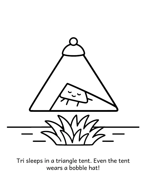 Picture 3 of Goodnight, Meadow: Tri sleeps in a triangle tent. Even the tent wears a bobble hat!