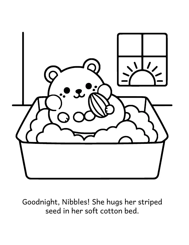 Picture 2 of Goodnight, Pets: Goodnight, Nibbles! She hugs her striped seed in her soft cotton bed.
