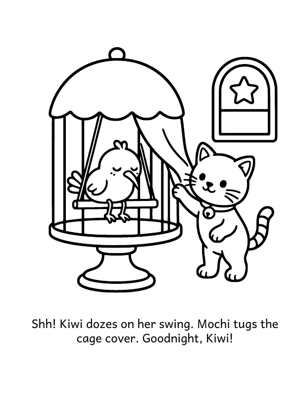 Picture 3 of Goodnight, Pets: Shh! Kiwi dozes on her swing. Mochi tugs the cage cover. Goodnight, Kiwi!
