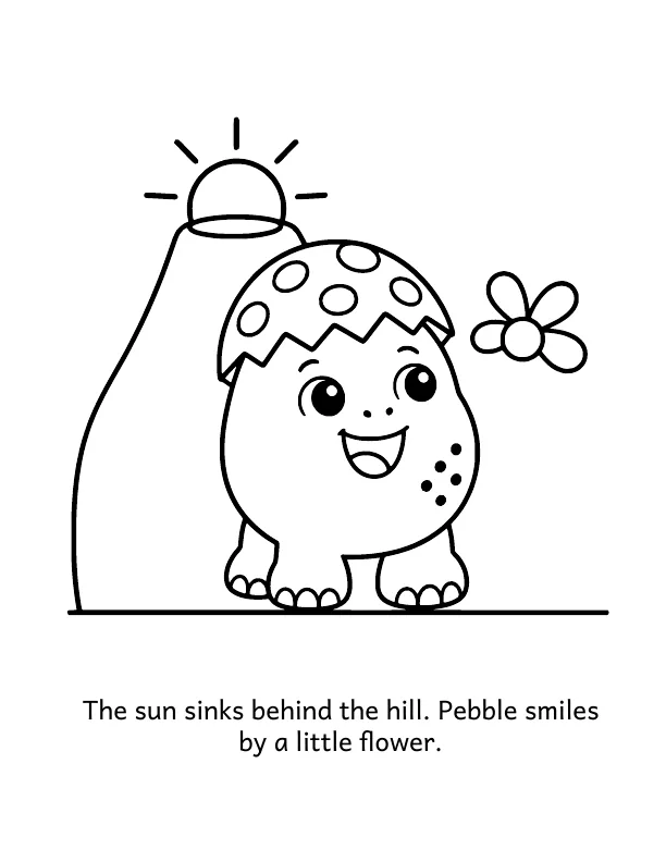 Picture 2 of Goodnight, Valley: The sun sinks behind the hill. Pebble smiles by a little flower.