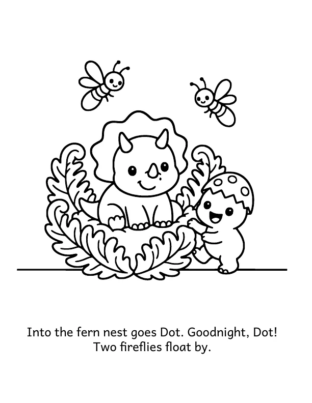 Picture 3 of Goodnight, Valley: Into the fern nest goes Dot. Goodnight, Dot! Two fireflies float by.