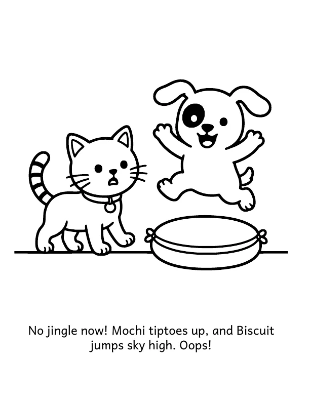 Picture 3 of Mochi's Missing Bell: No jingle now! Mochi tiptoes up, and Biscuit jumps sky high. Oops!