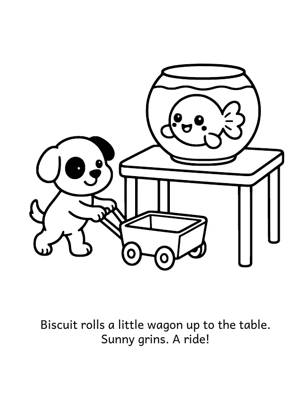 Picture 2 of Sunny's Grand Tour: Biscuit rolls a little wagon up to the table. Sunny grins. A ride!