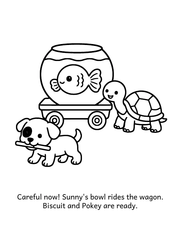 Picture 3 of Sunny's Grand Tour: Careful now! Sunny's bowl rides the wagon. Biscuit and Pokey are ready.