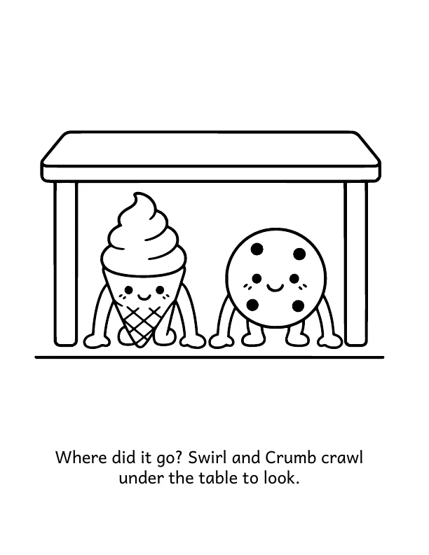 Picture 3 of Swirl's Lost Cherry: Where did it go? Swirl and Crumb crawl under the table to look.