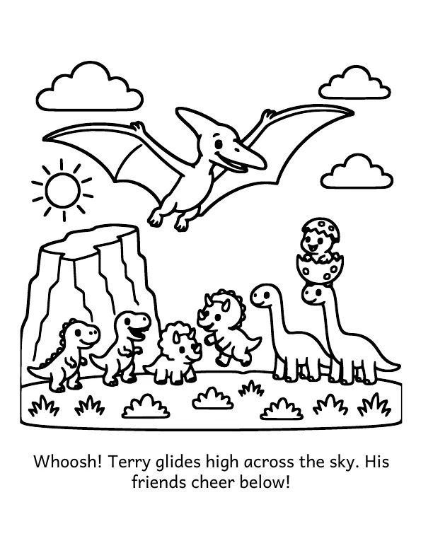 Picture 7 of Terry's Big Glide: Whoosh! Terry glides high across the sky. His friends cheer below!