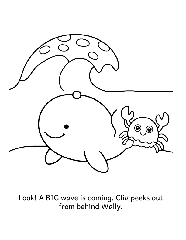 Picture 3 of The Big Wave: Look! A BIG wave is coming. Clia peeks out from behind Wally.