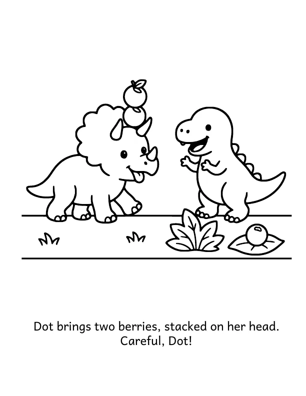 Picture 2 of The Great Berry Pile: Dot brings two berries, stacked on her head. Careful, Dot!