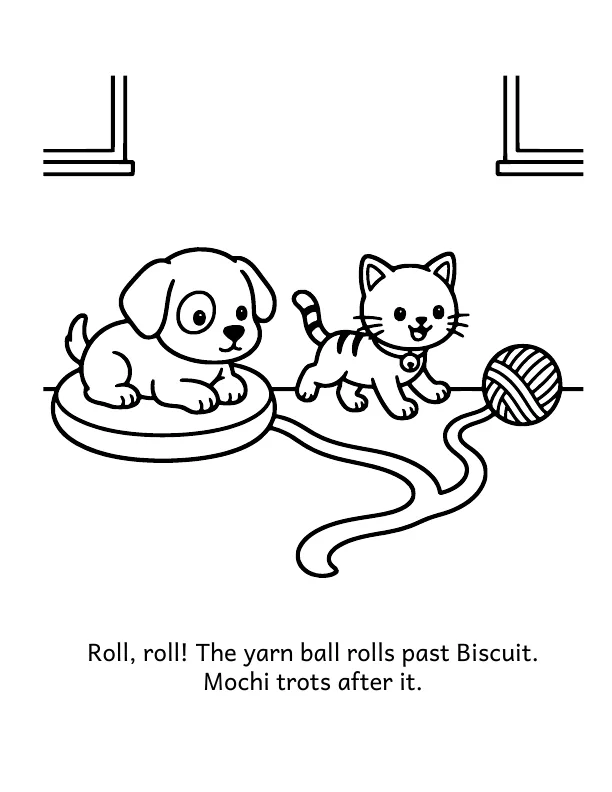 Picture 3 of The Great Yarn Ball: Roll, roll! The yarn ball rolls past Biscuit. Mochi trots after it.