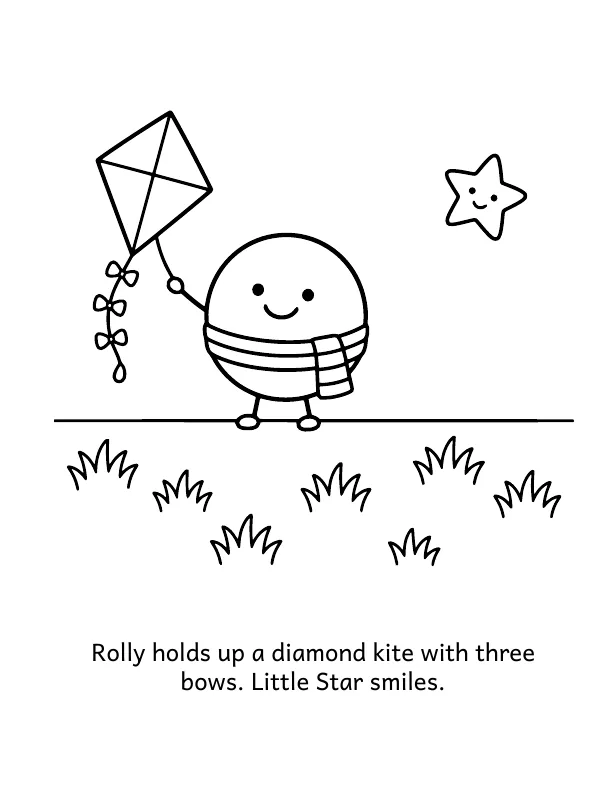 Picture 2 of The Kite Day: Rolly holds up a diamond kite with three bows. Little Star smiles.