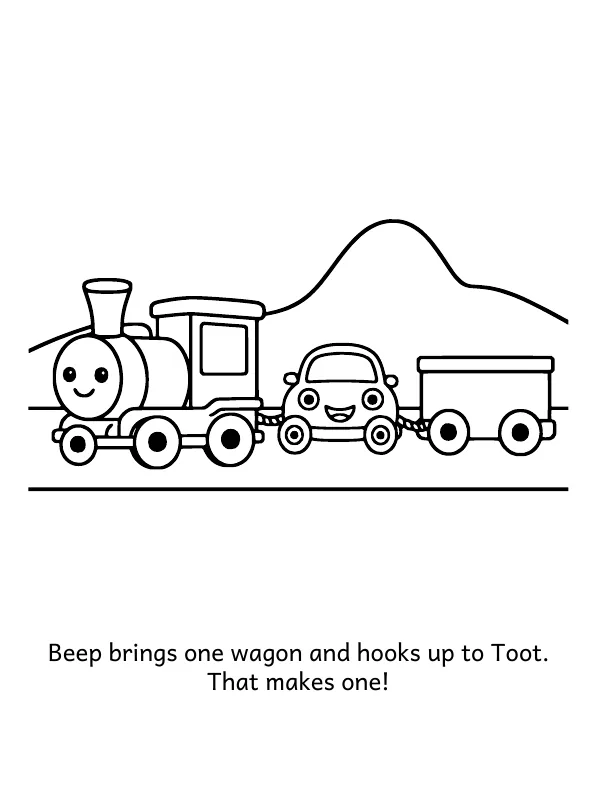 Picture 2 of The Long, Long Hill: Beep brings one wagon and hooks up to Toot. That makes one!