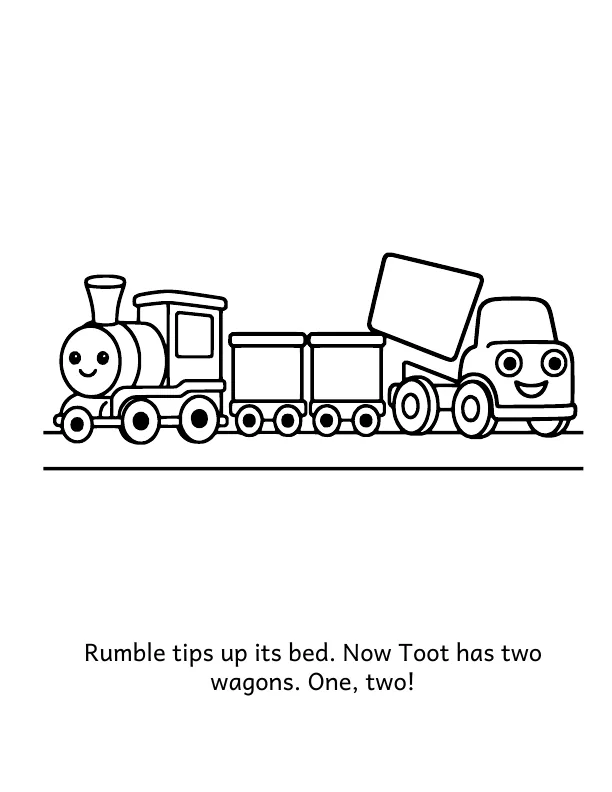 Picture 3 of The Long, Long Hill: Rumble tips up its bed. Now Toot has two wagons. One, two!