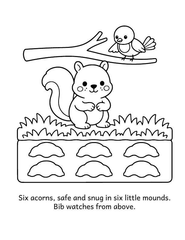 Picture 3 of The Lost Acorn: Six acorns, safe and snug in six little mounds. Bib watches from above.