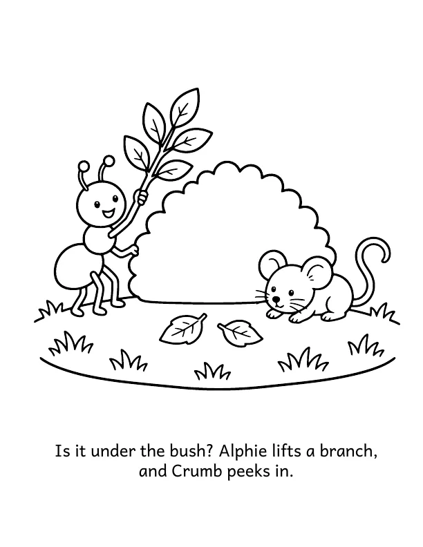 Picture 2 of The Lost Block: Is it under the bush? Alphie lifts a branch, and Crumb peeks in.