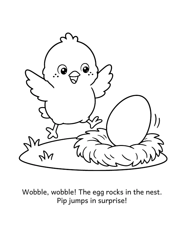 Picture 2 of The Lost Egg: Wobble, wobble! The egg rocks in the nest. Pip jumps in surprise!