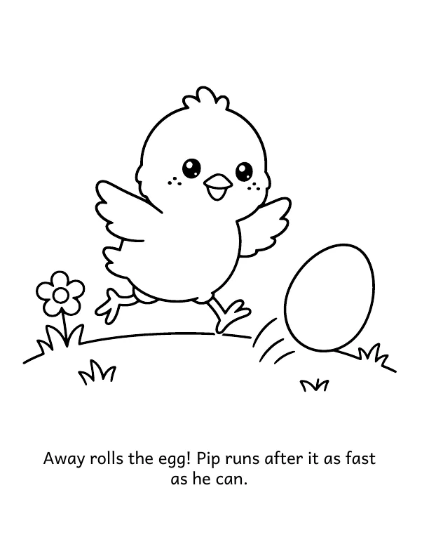 Picture 3 of The Lost Egg: Away rolls the egg! Pip runs after it as fast as he can.