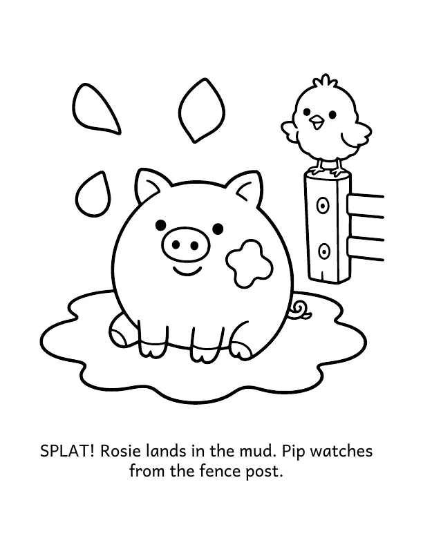 Picture 3 of The Muddiest Puddle: SPLAT! Rosie lands in the mud. Pip watches from the fence post.