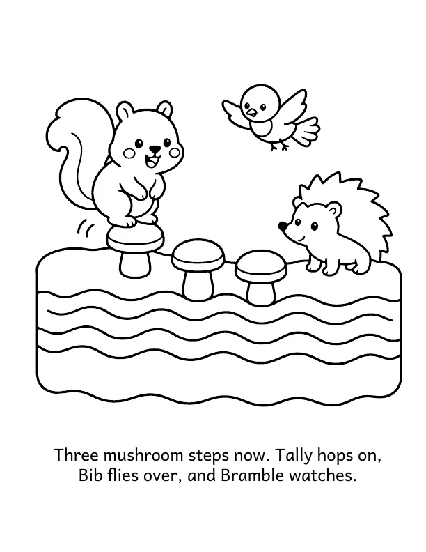Picture 3 of The Mushroom Steps: Three mushroom steps now. Tally hops on, Bib flies over, and Bramble watches.