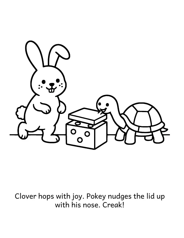 Picture 3 of The New Friend: Clover hops with joy. Pokey nudges the lid up with his nose. Creak!