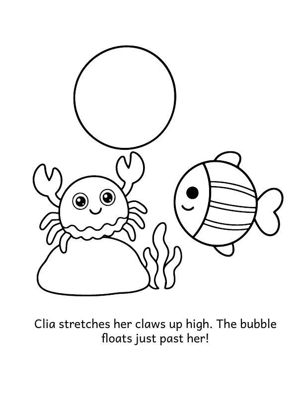 Picture 3 of The Runaway Bubble: Clia stretches her claws up high. The bubble floats just past her!
