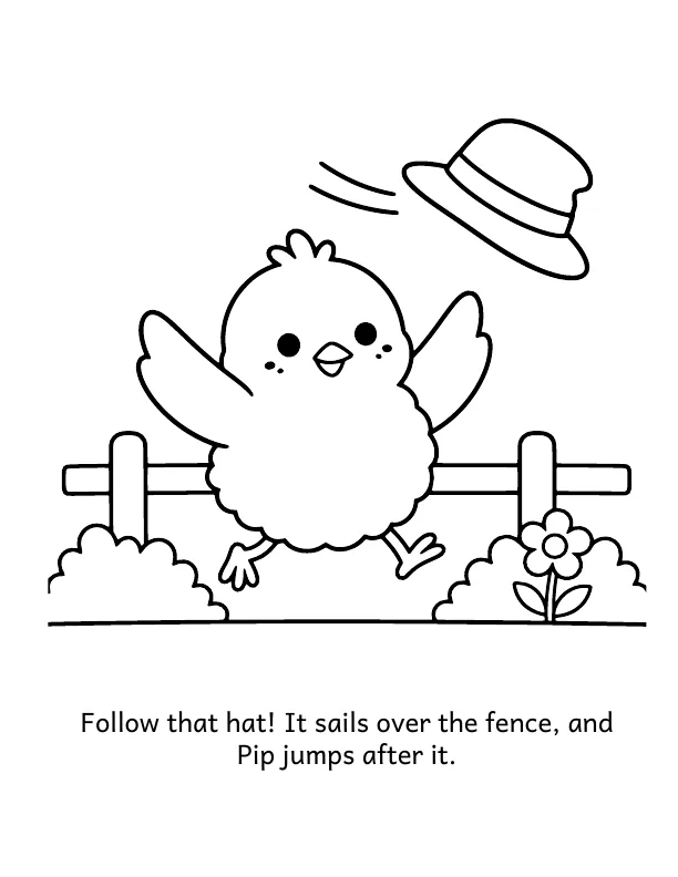Picture 3 of The Scarecrow's Hat: Follow that hat! It sails over the fence, and Pip jumps after it.