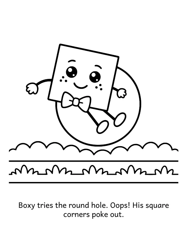 Picture 3 of The Shape Doors: Boxy tries the round hole. Oops! His square corners poke out.