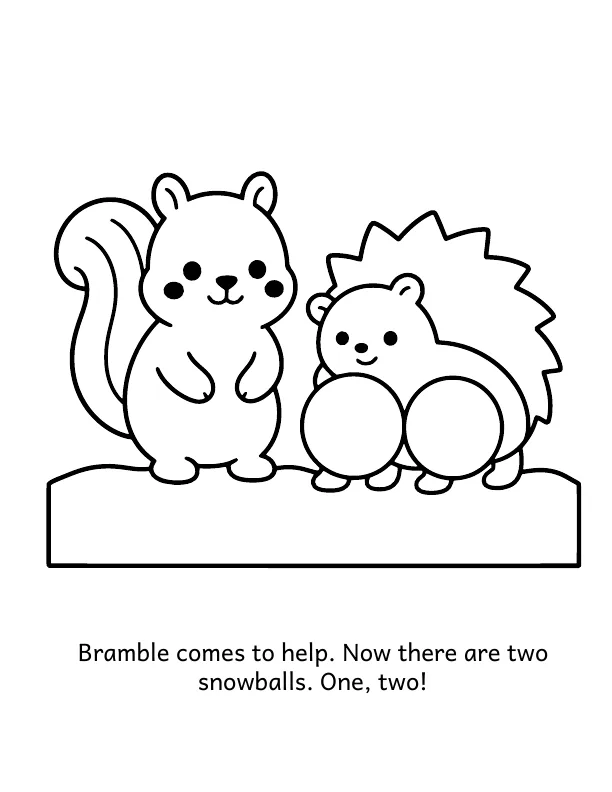 Picture 3 of The Snow Friends: Bramble comes to help. Now there are two snowballs. One, two!
